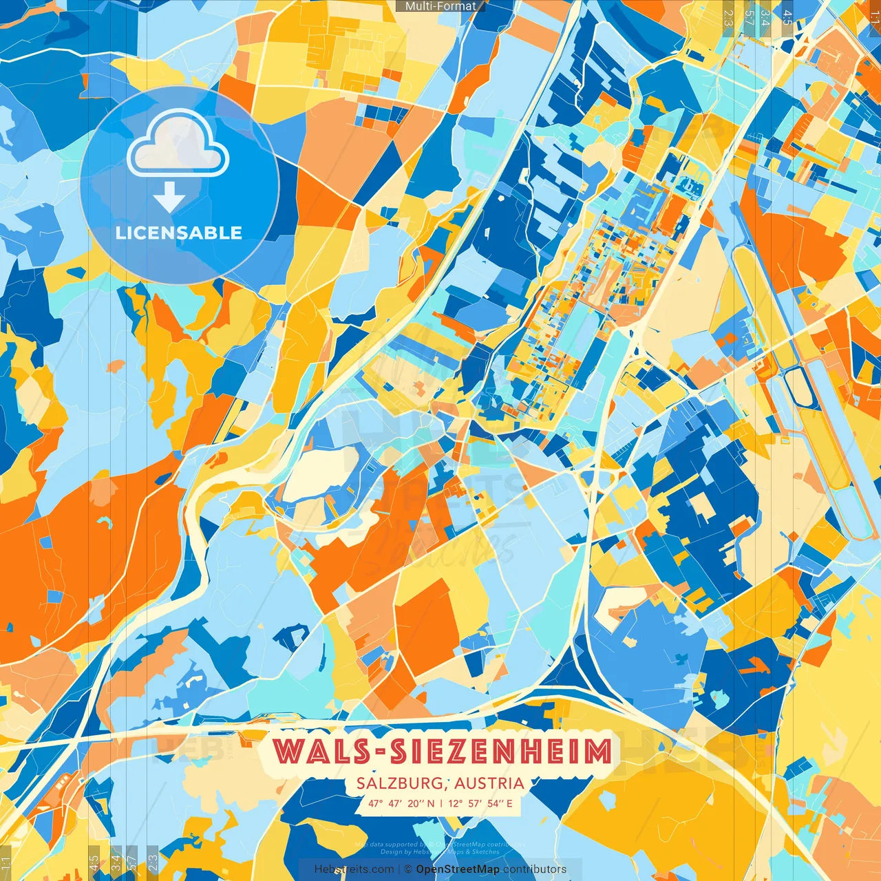 Wals-Siezenheim, Salzburg, Austria blue and orange vector art map template