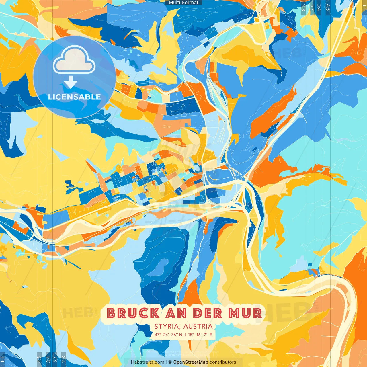 Bruck an der Mur, Styria, Austria blue and orange vector art map template