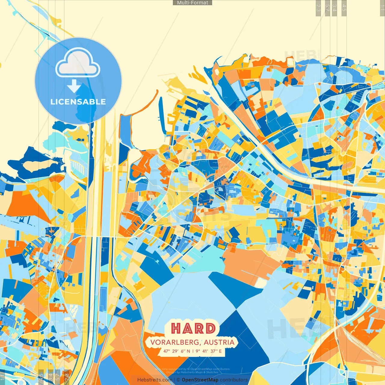 Hard, Vorarlberg, Austria blue and orange vector art map template