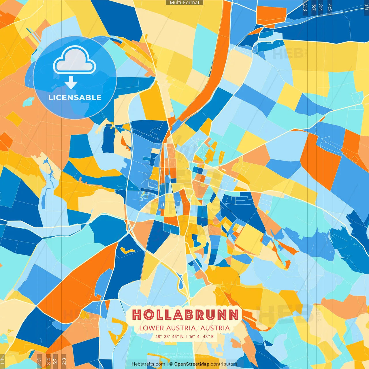 Hollabrunn, Lower Austria, Austria blue and orange vector art map template