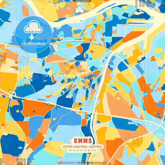 Enns, Upper Austria, Austria blue and orange vector art map template