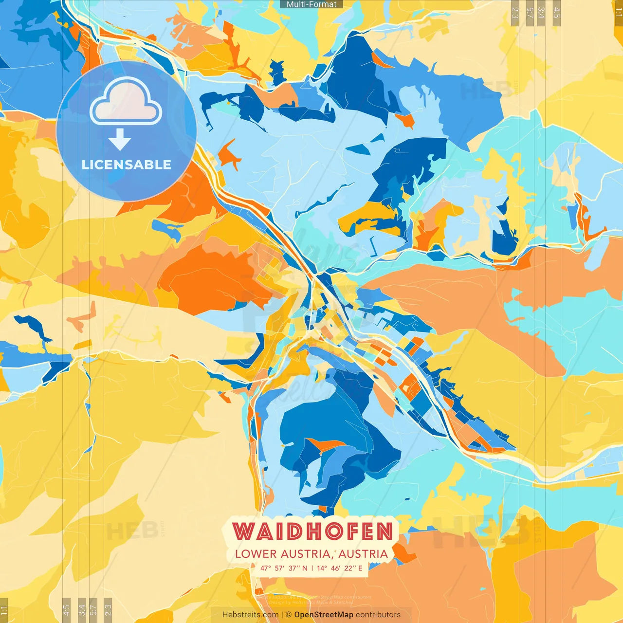 Waidhofen, Lower Austria, Austria blue and orange vector art map template