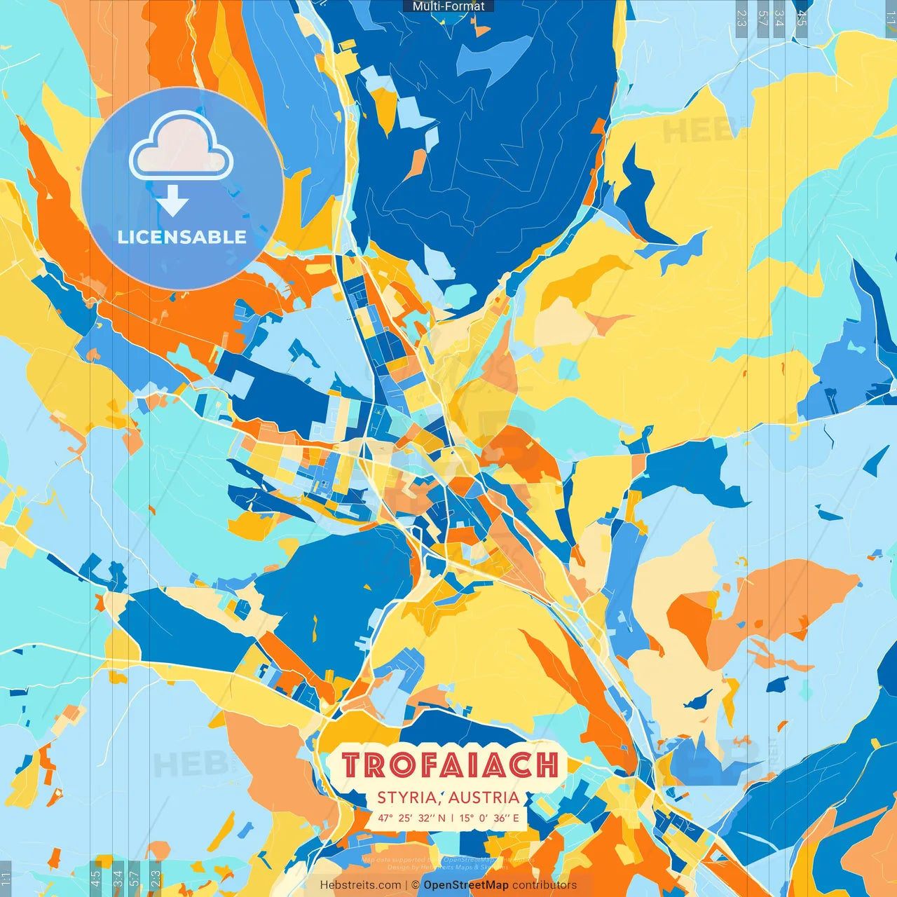 Trofaiach, Styria, Austria blue and orange vector art map template