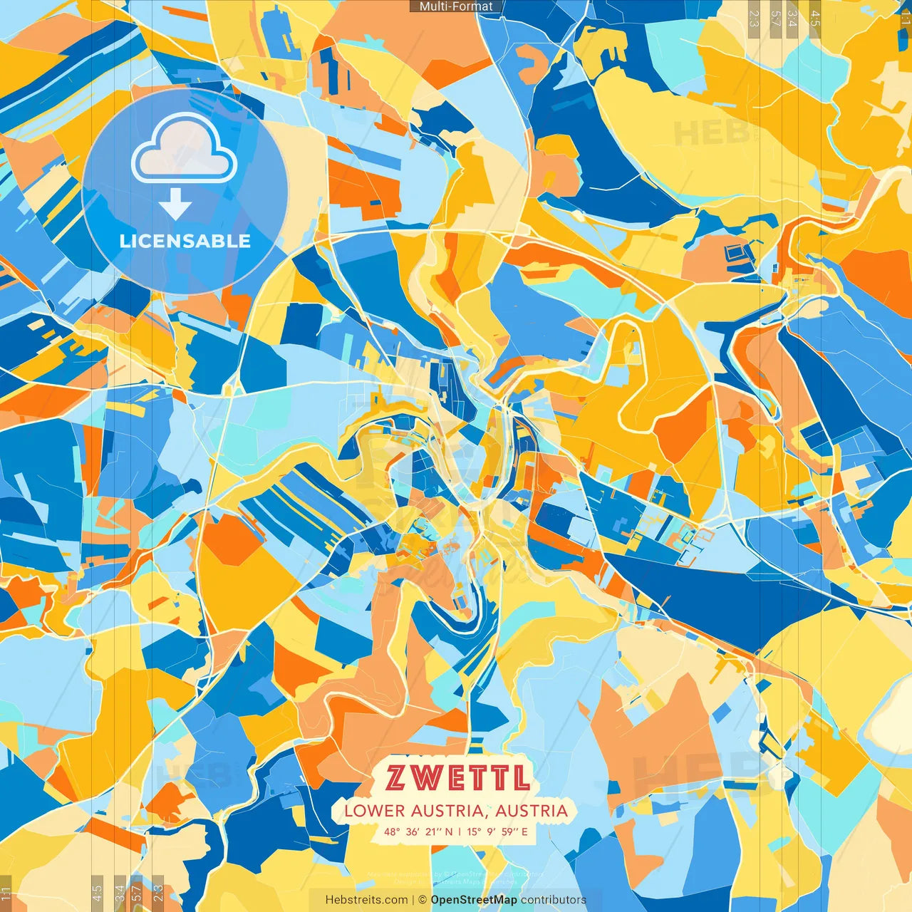 Zwettl, Lower Austria, Austria blue and orange vector art map template