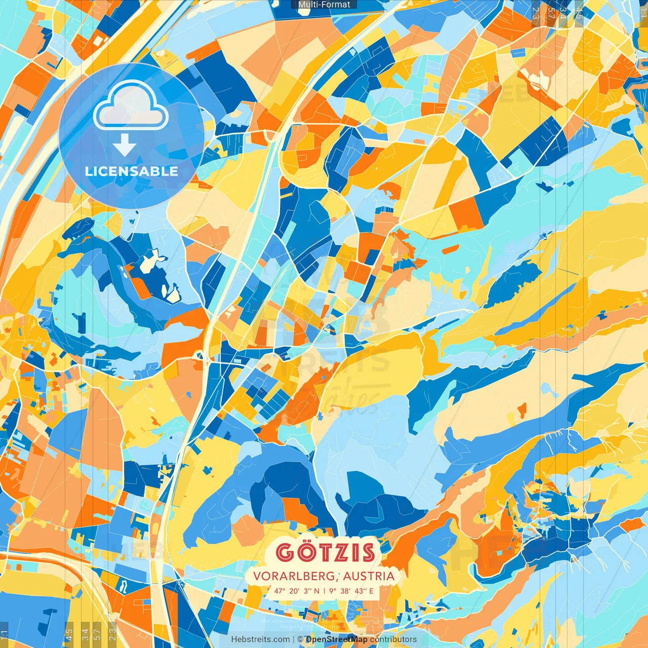 Götzis, Vorarlberg, Austria blue and orange vector art map template