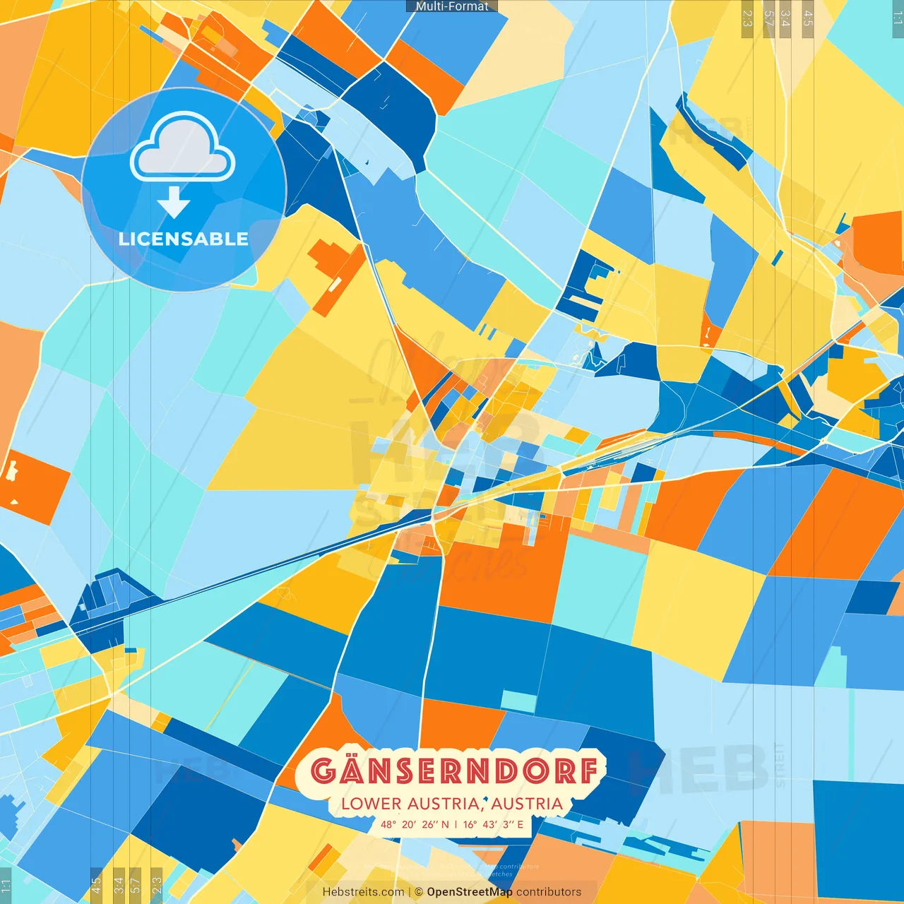 Gänserndorf, Lower Austria, Austria blue and orange vector art map template