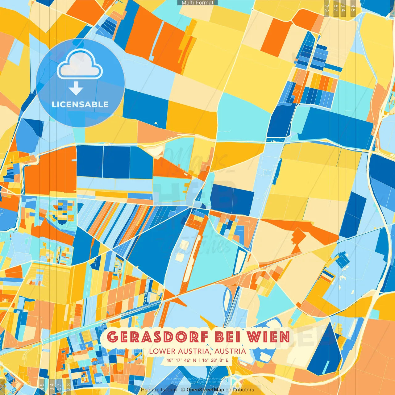 Gerasdorf bei Wien, Lower Austria, Austria blue and orange vector art map template