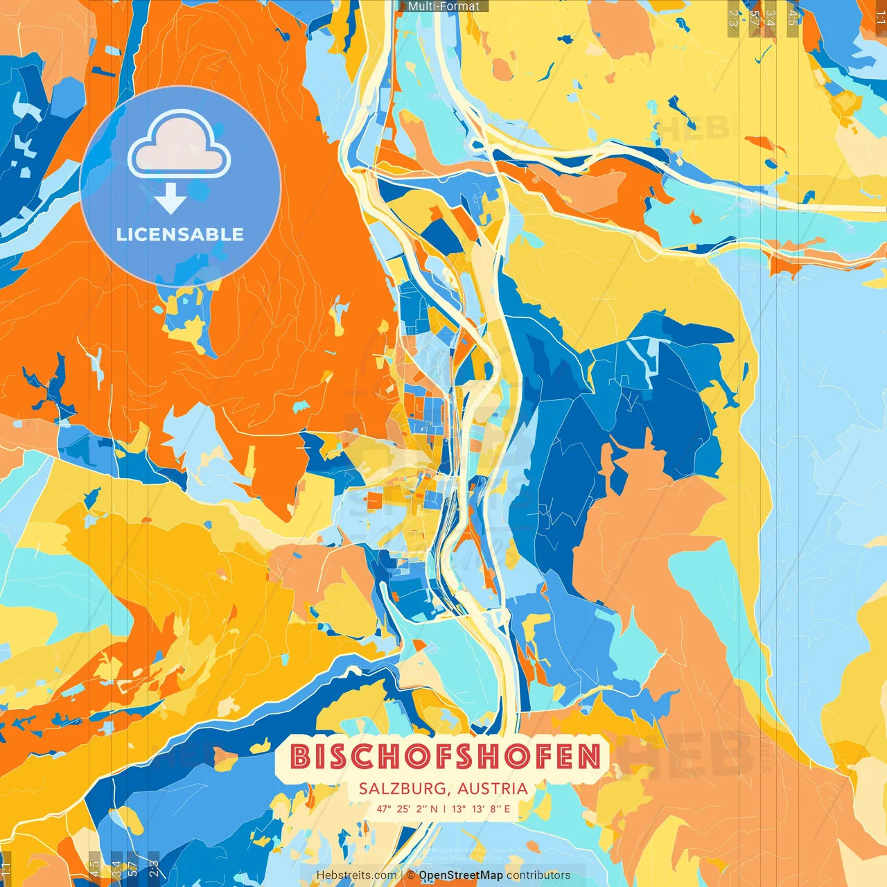 Bischofshofen, Salzburg, Austria blue and orange vector art map template