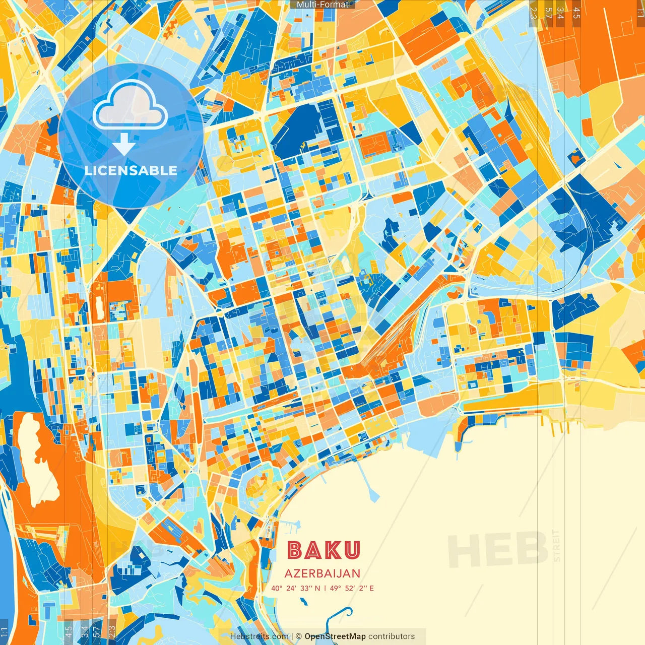 Baku, Azerbaijan blue and orange vector art map template