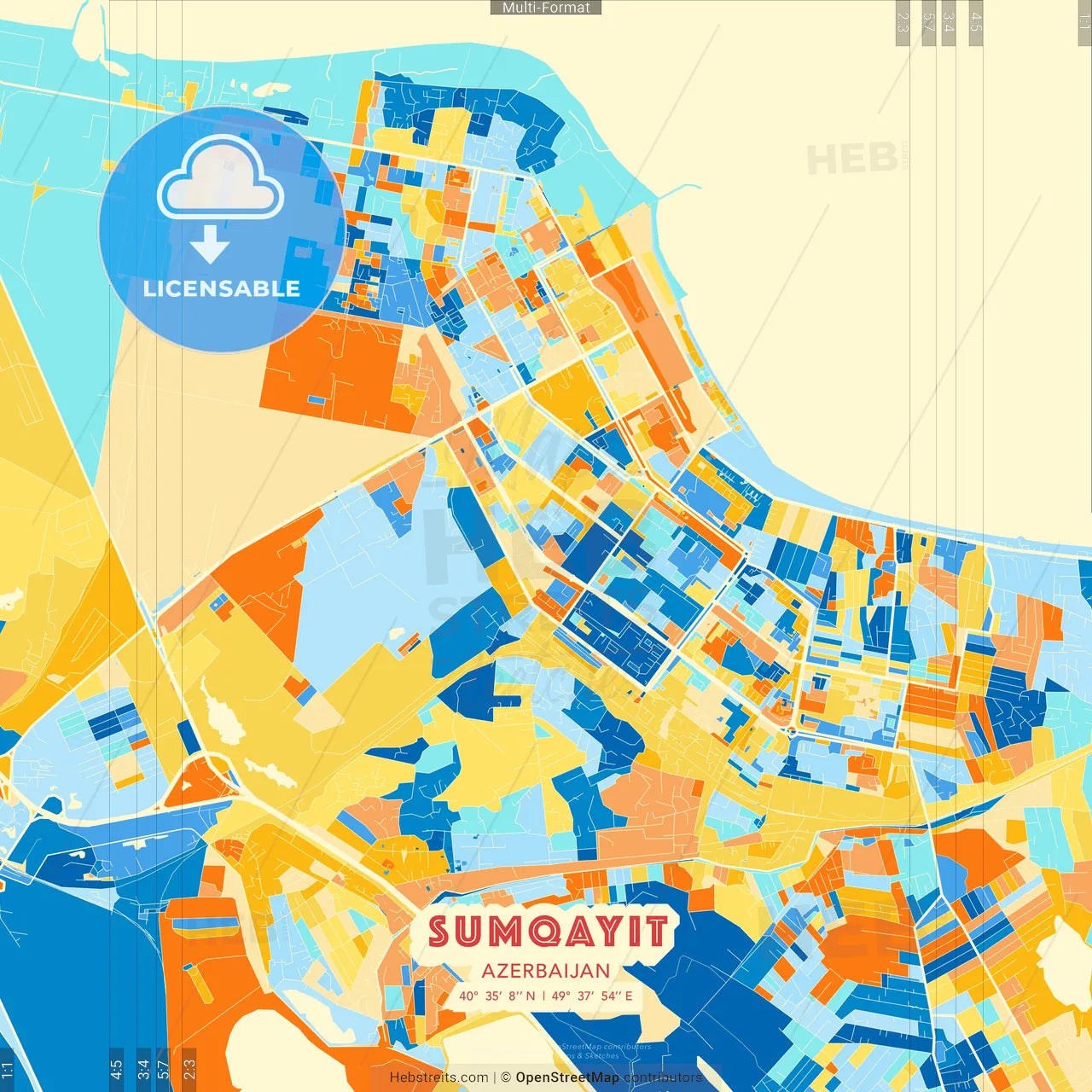 Sumqayit, Azerbaijan blue and orange vector art map template