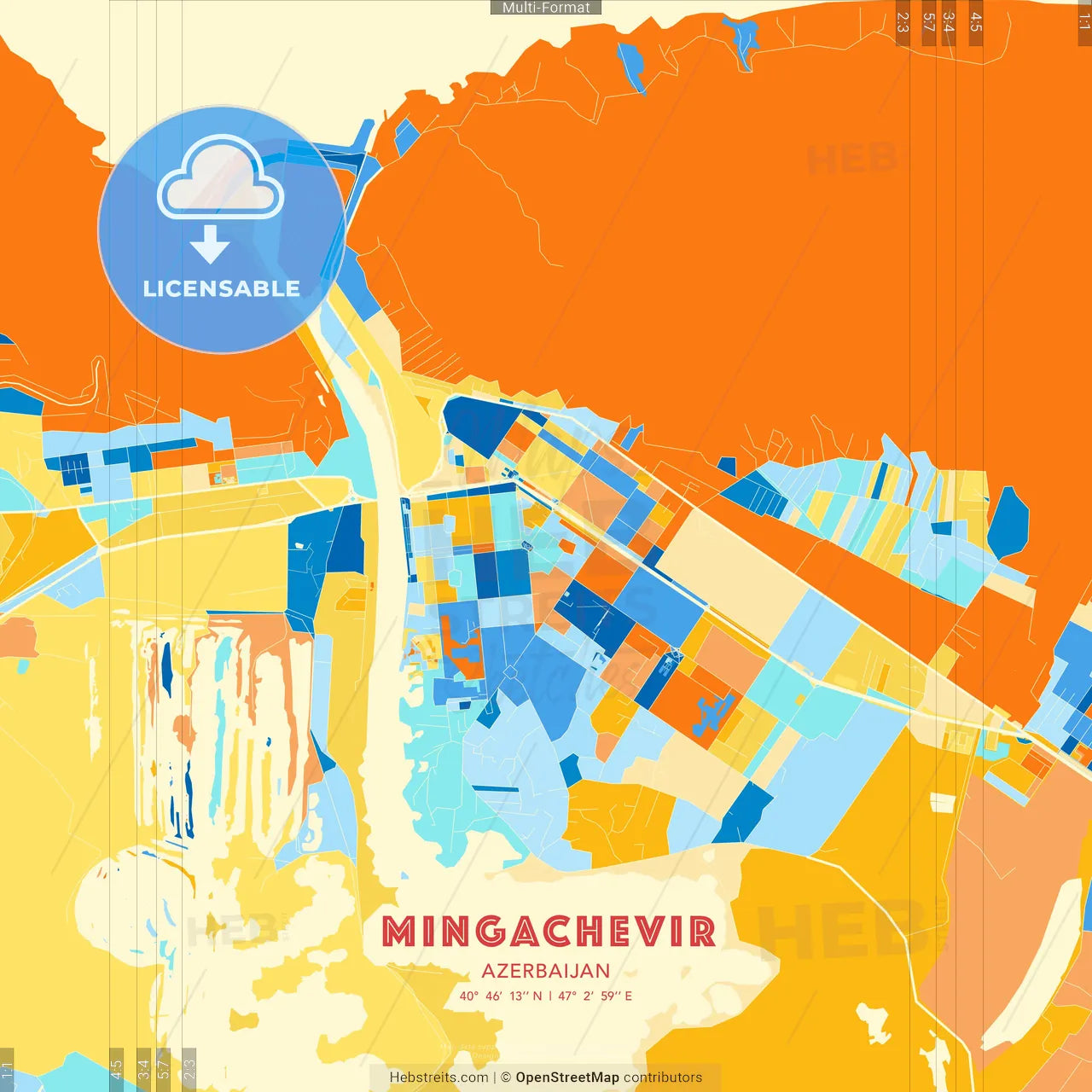 Mingachevir, Azerbaijan blue and orange vector art map template