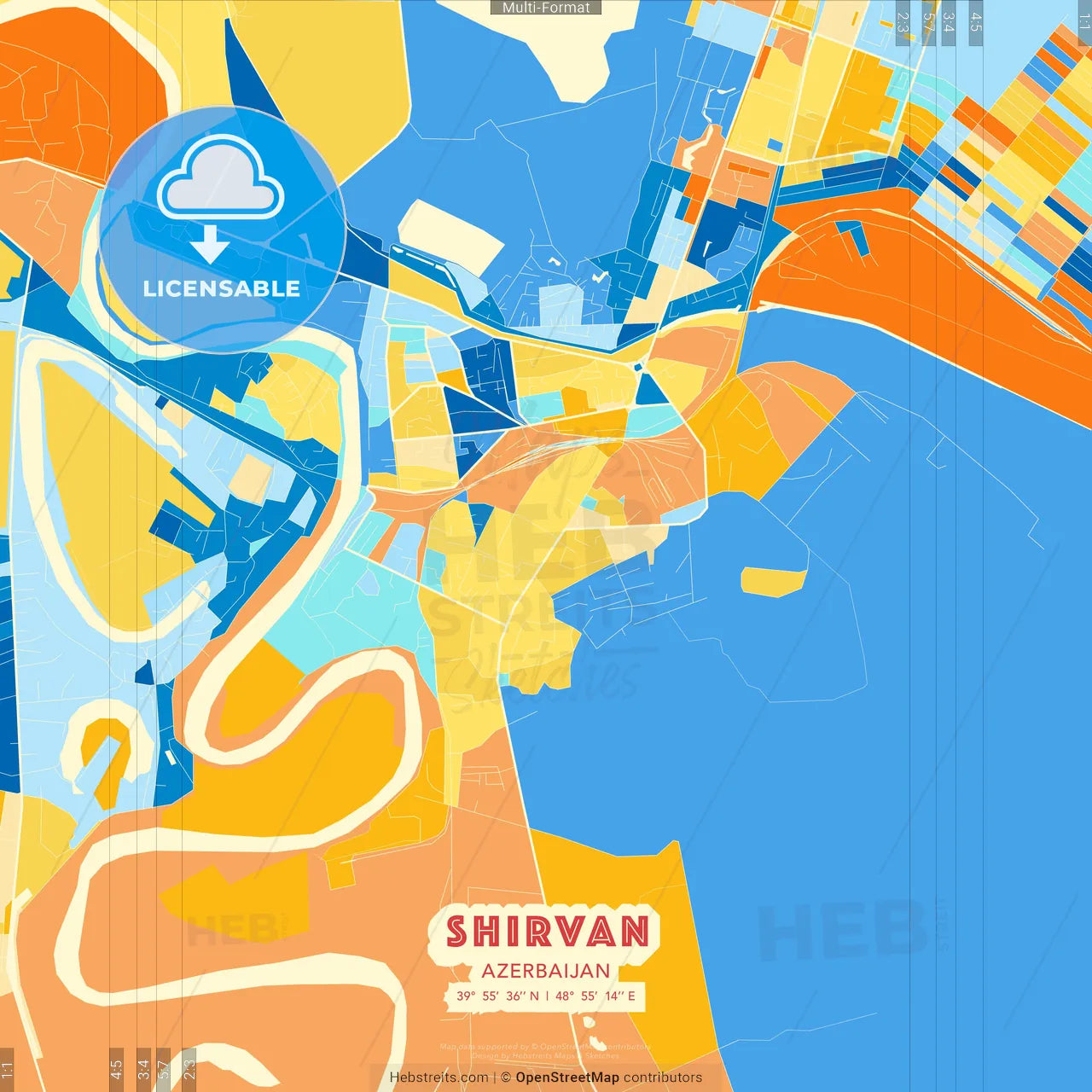 Shirvan, Azerbaijan blue and orange vector art map template