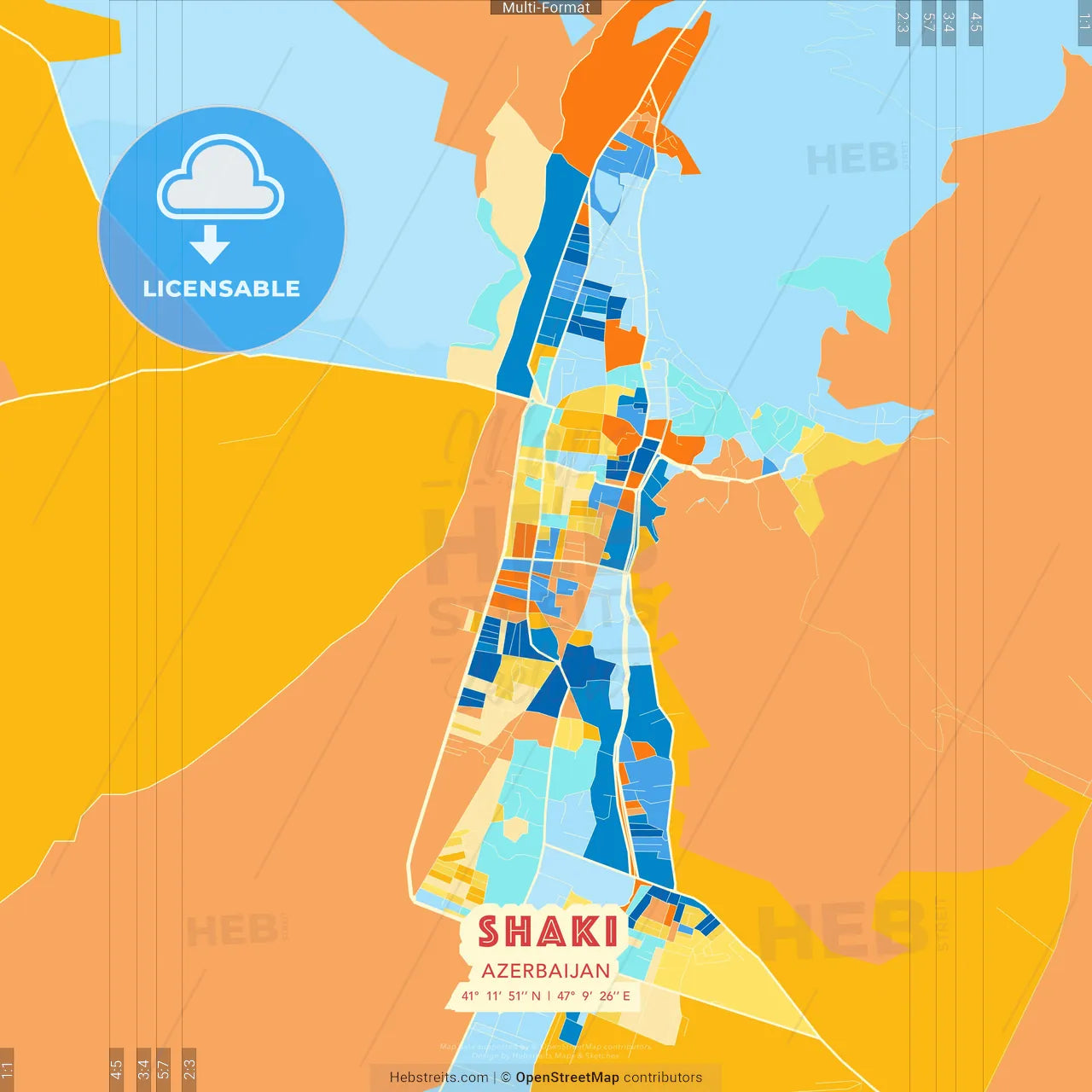 Shaki, Azerbaijan blue and orange vector art map template