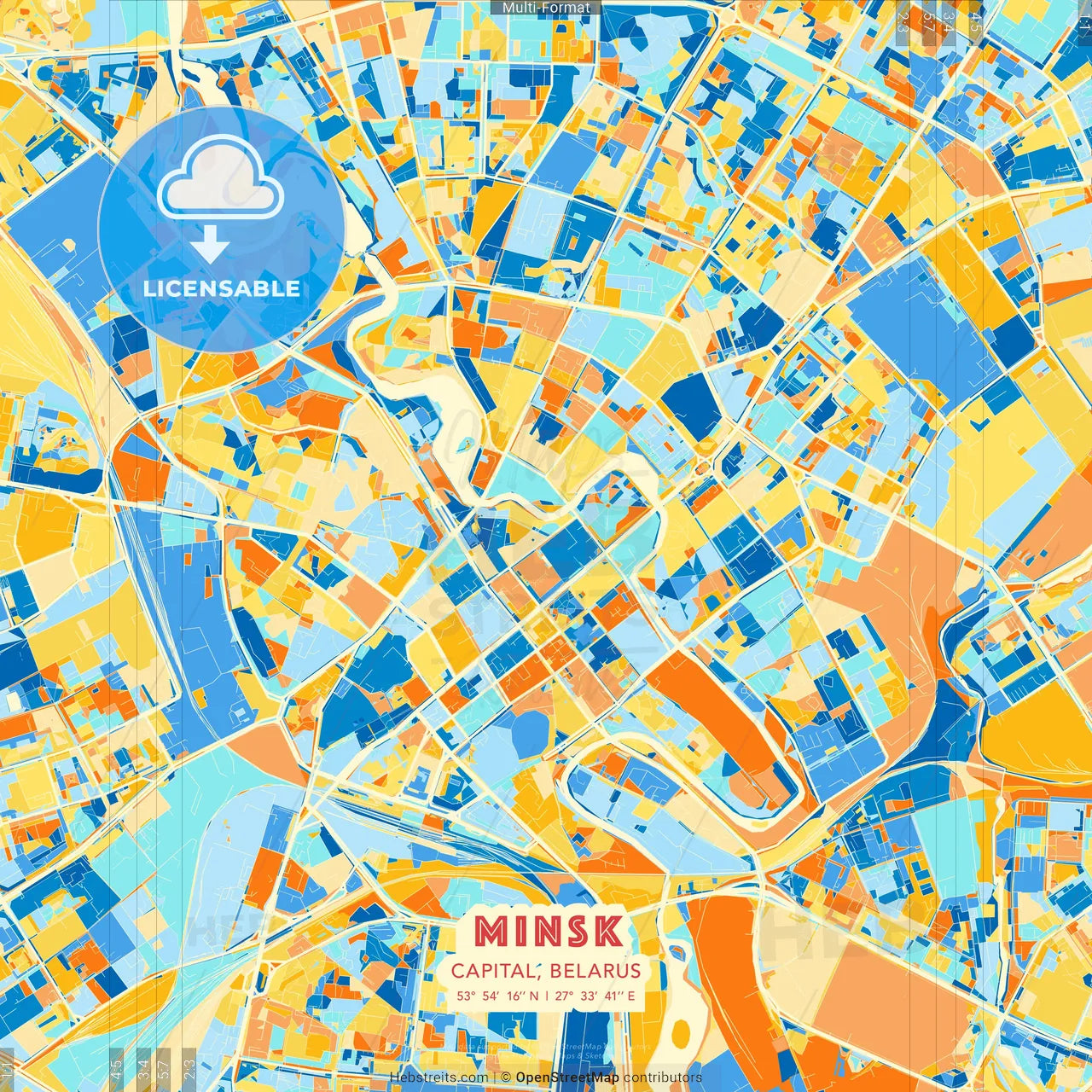 Minsk, Capital, Belarus blue and orange vector art map template