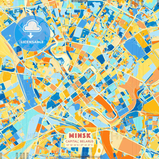 Minsk, Capital, Belarus blue and orange vector art map template