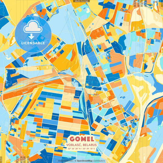 Gomel, Voblasć, Belarus blue and orange vector art map template