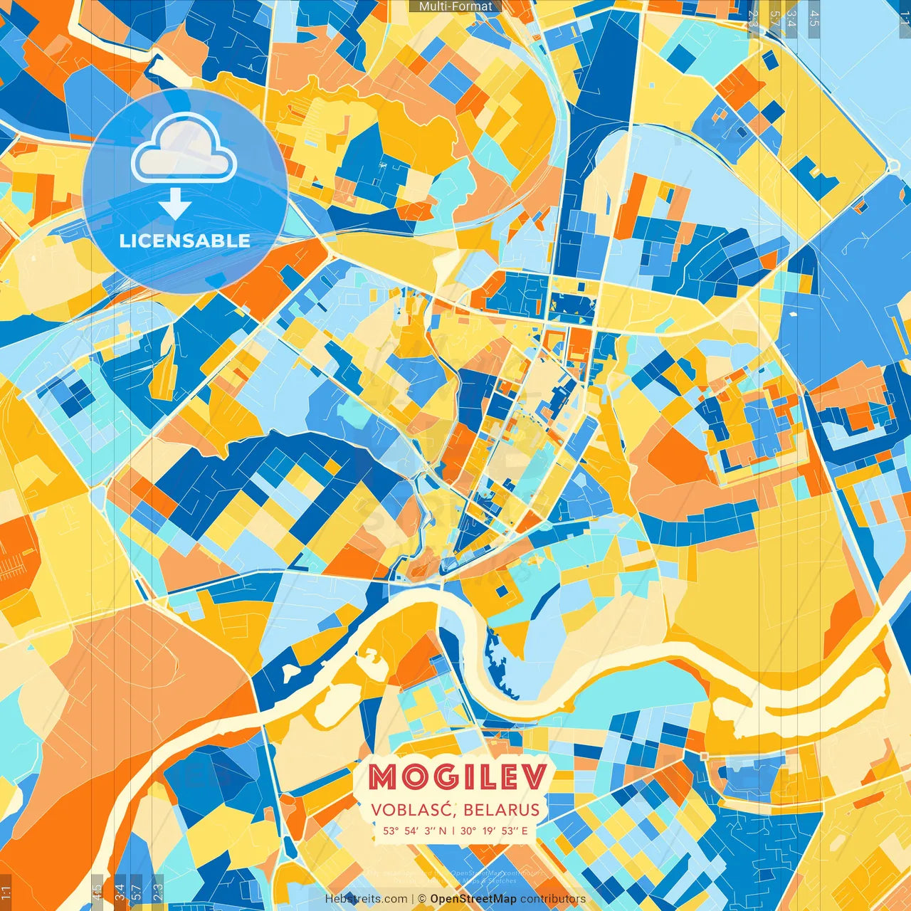 Mogilev, Voblasć, Belarus blue and orange vector art map template
