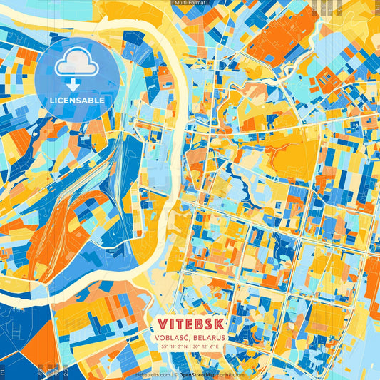 Vitebsk, Voblasć, Belarus blue and orange vector art map template
