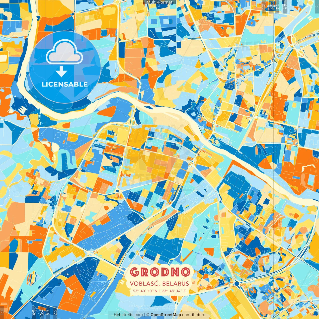 Grodno, Voblasć, Belarus blue and orange vector art map template