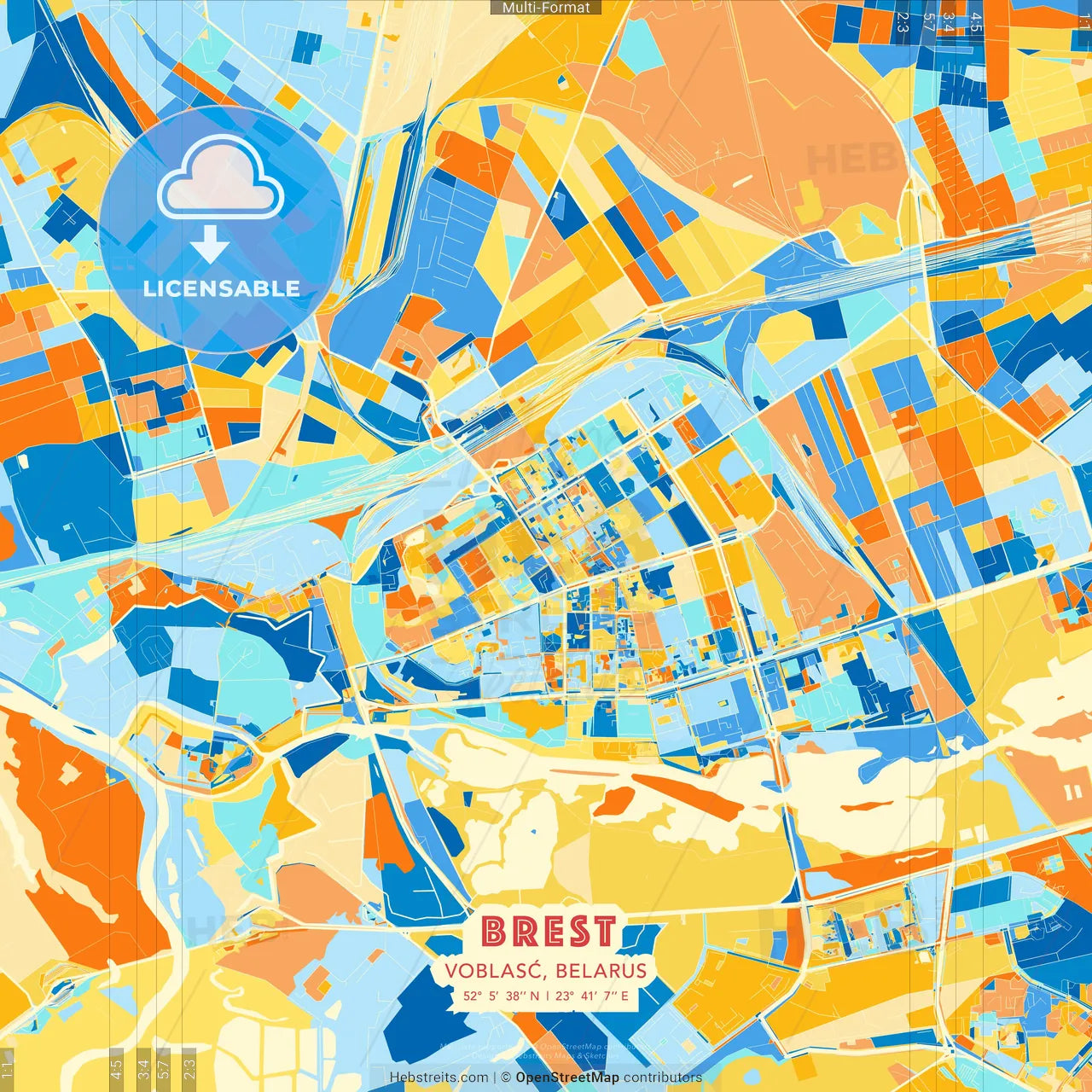 Brest, Voblasć, Belarus blue and orange vector art map template