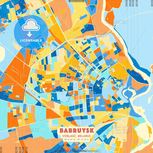 Babruysk, Voblasć, Belarus blue and orange vector art map template