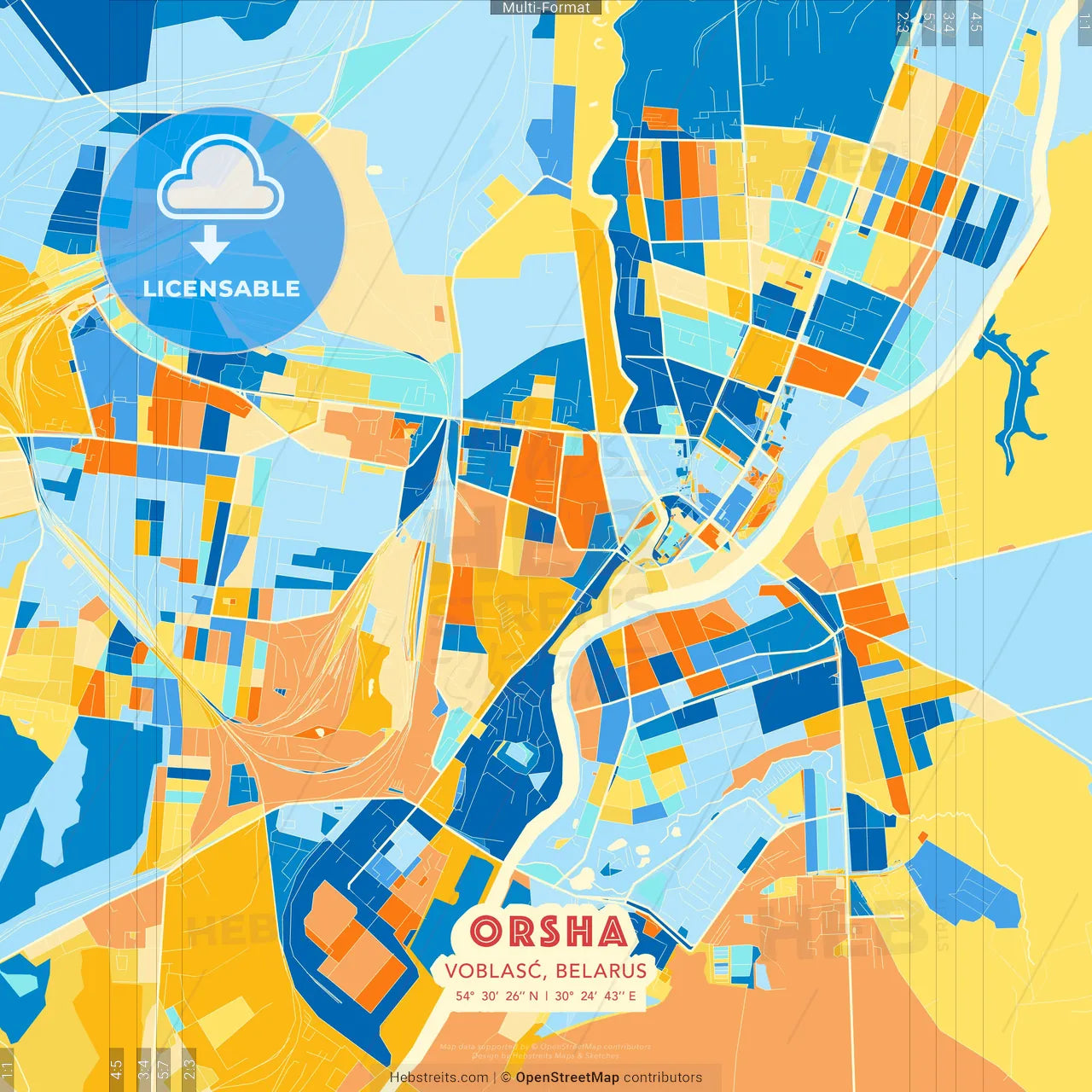 Orsha, Voblasć, Belarus blue and orange vector art map template