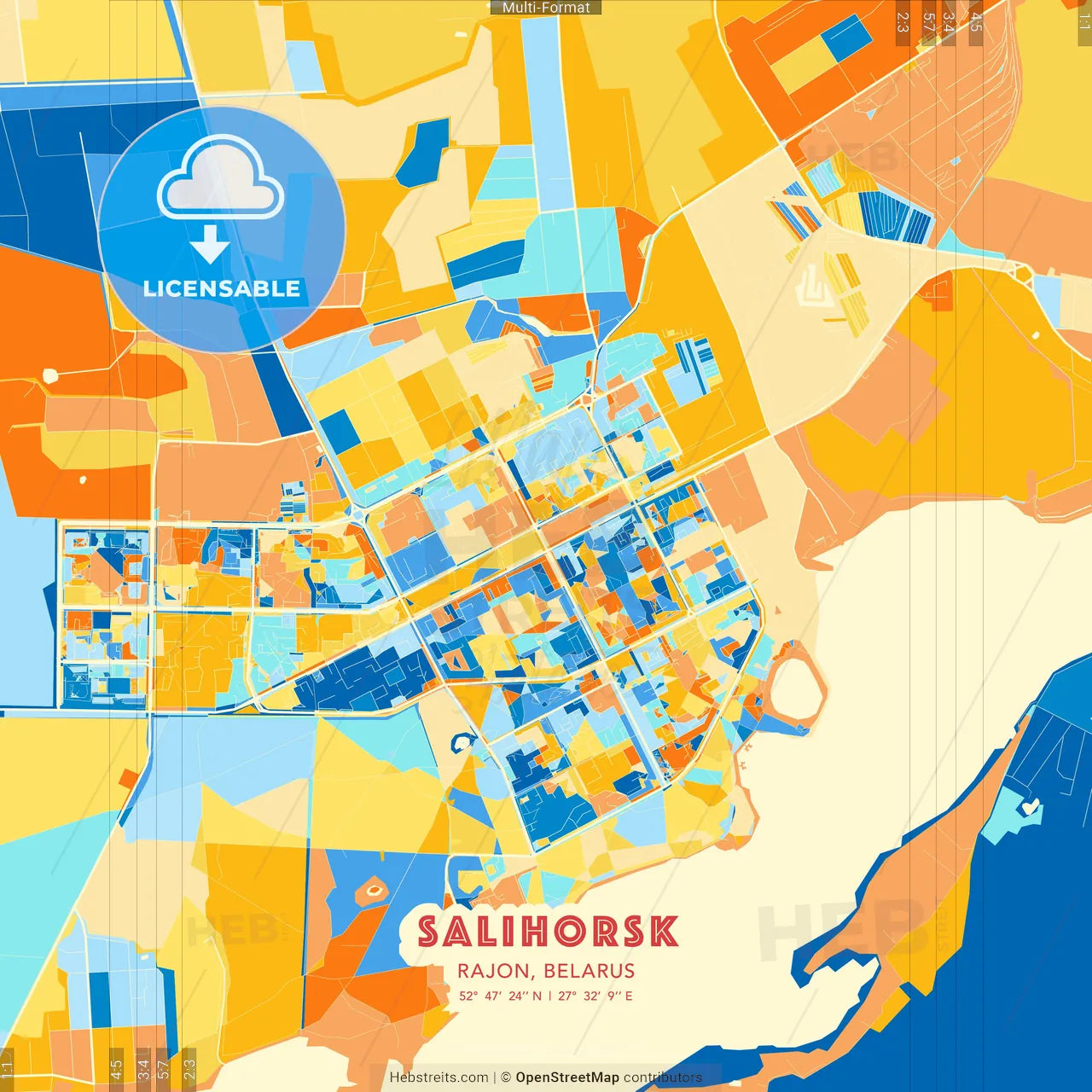 Salihorsk, Rajon, Belarus blue and orange vector art map template