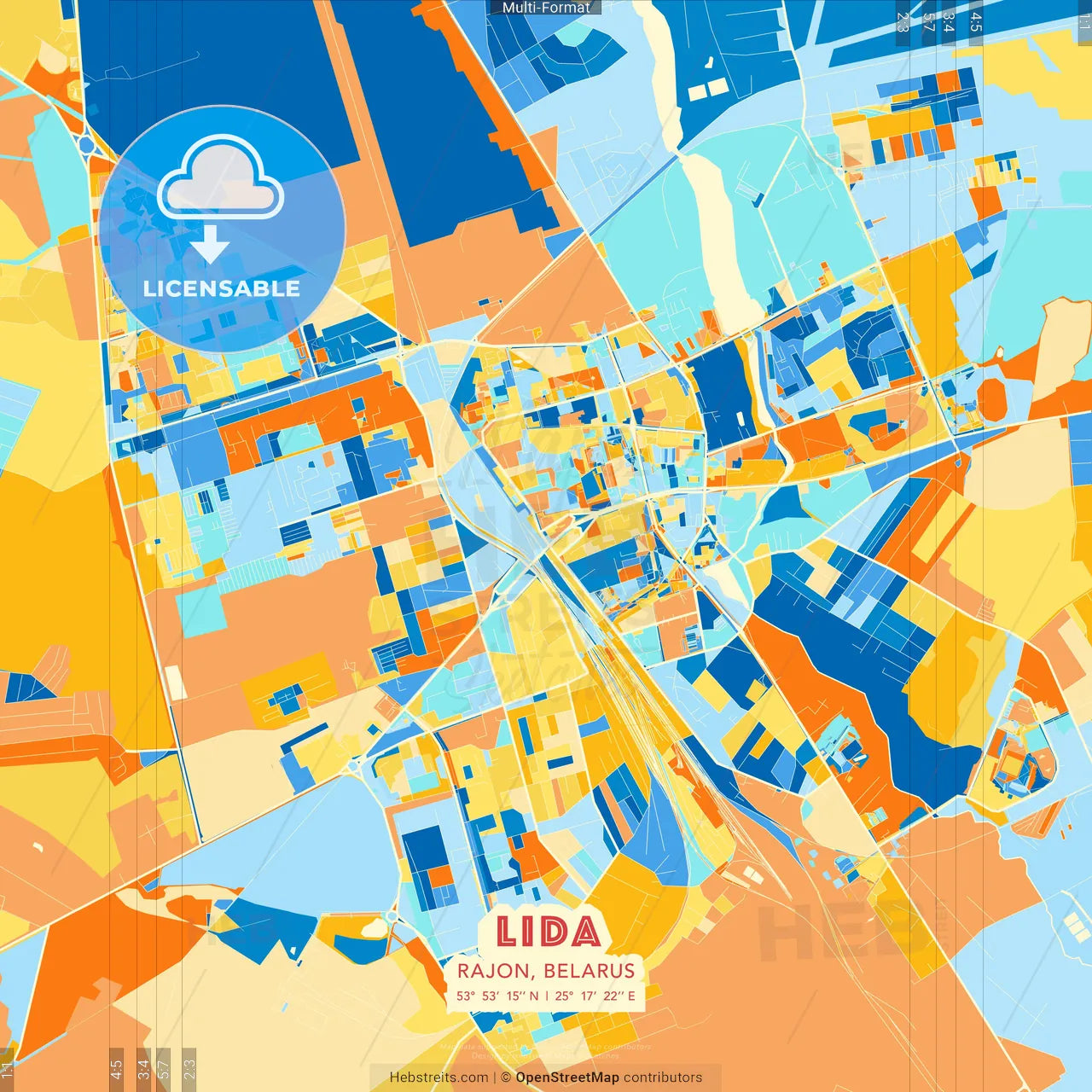 Lida, Rajon, Belarus blue and orange vector art map template