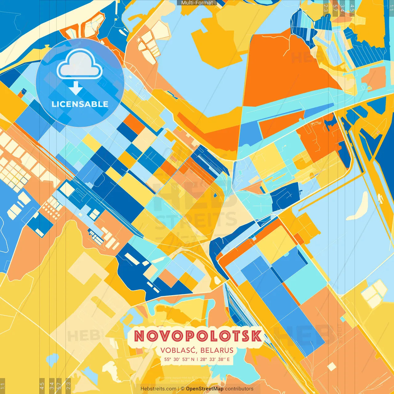 Novopolotsk, Voblasć, Belarus blue and orange vector art map template
