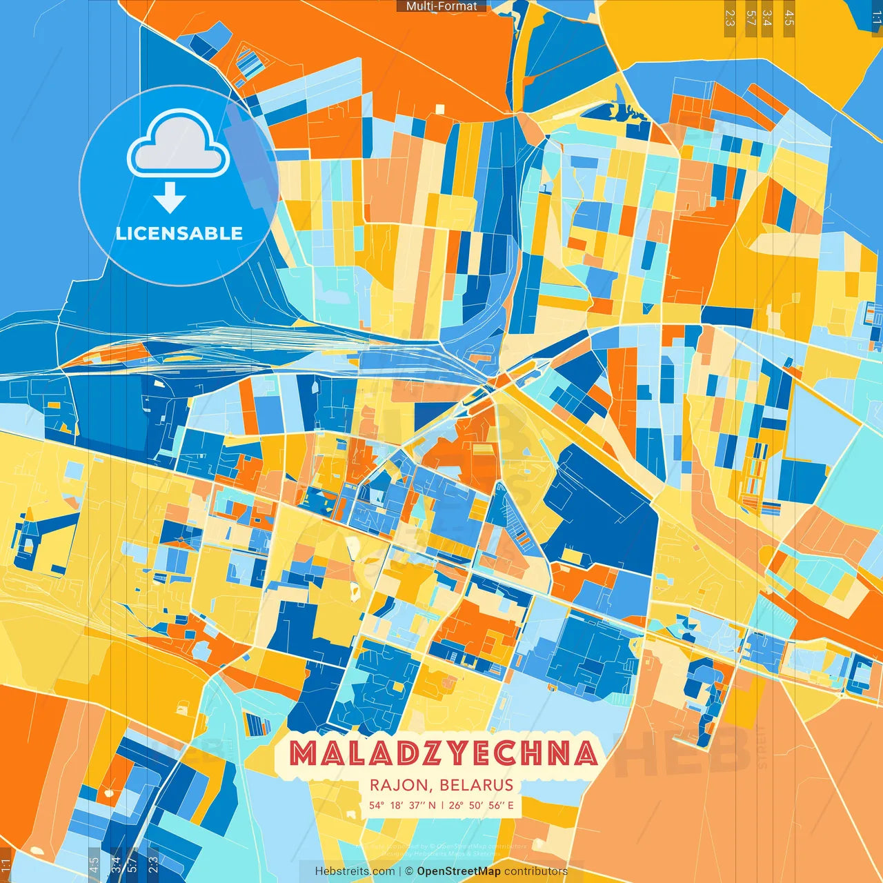 Maladzyechna, Rajon, Belarus blue and orange vector art map template