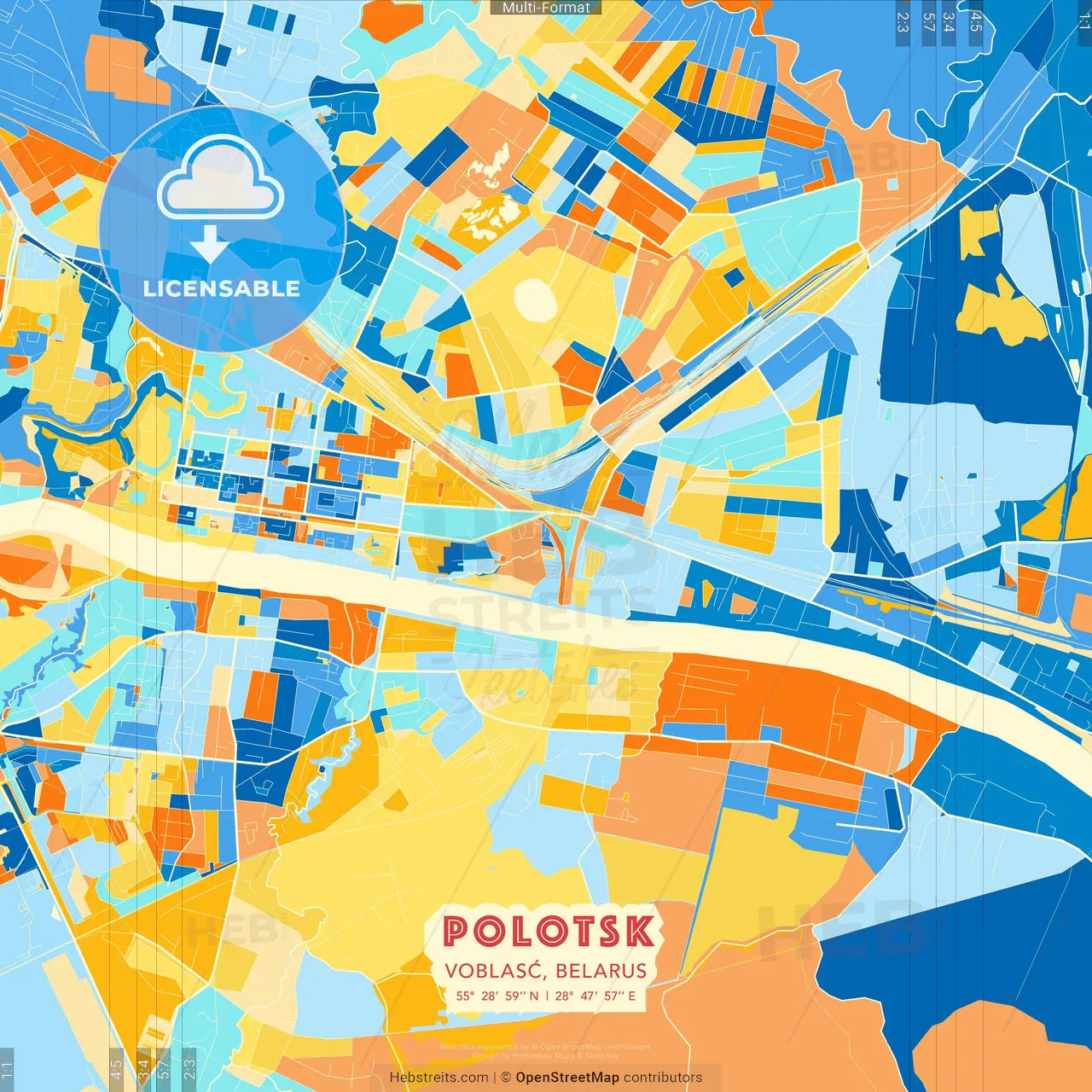 Polotsk, Voblasć, Belarus blue and orange vector art map template