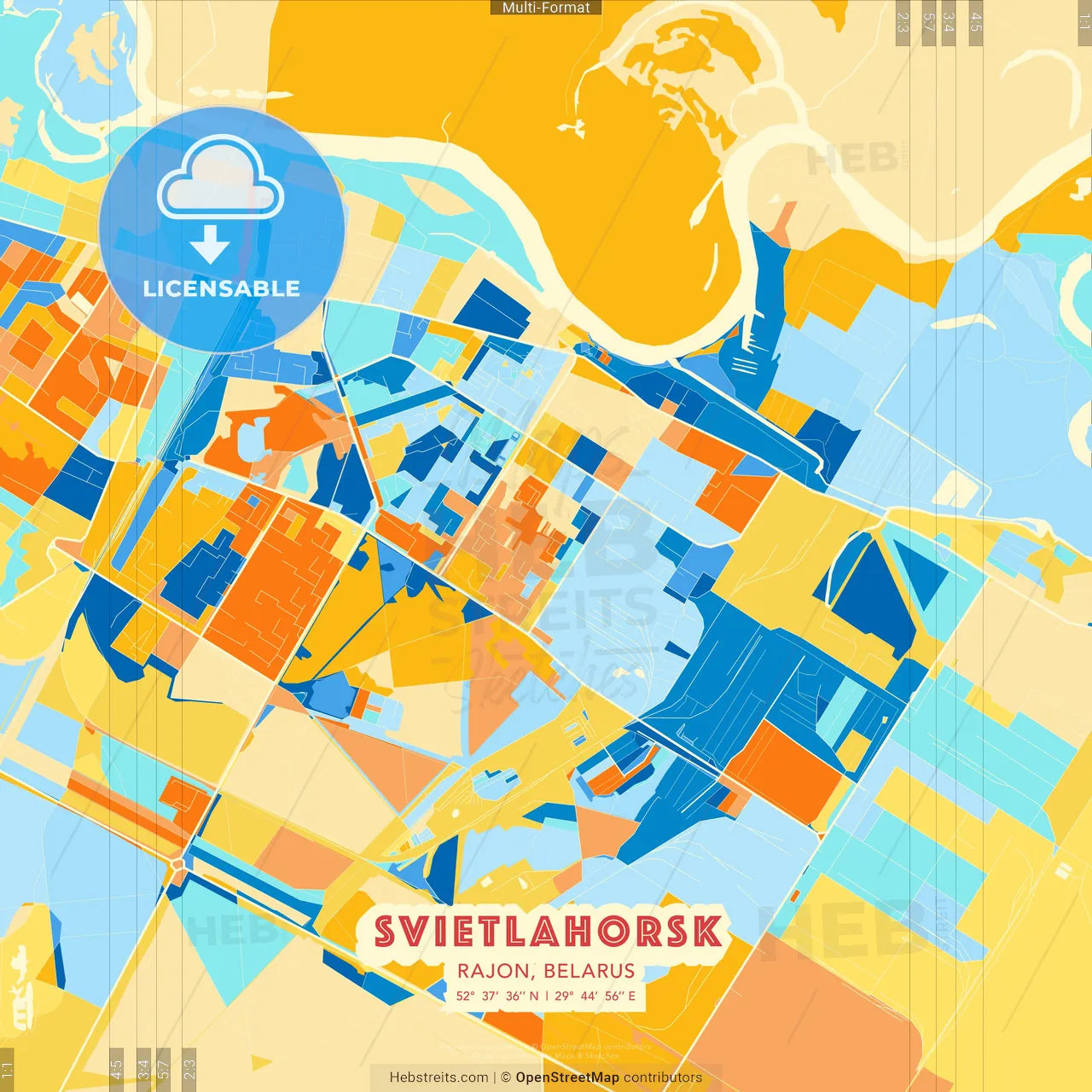 Svietlahorsk, Rajon, Belarus blue and orange vector art map template
