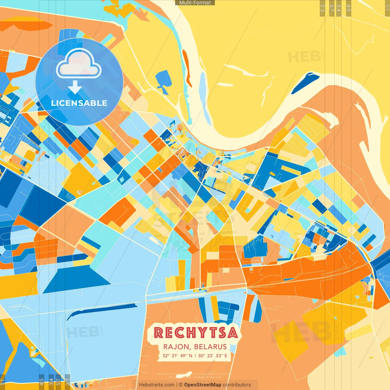 Rechytsa, Rajon, Belarus blue and orange vector art map template