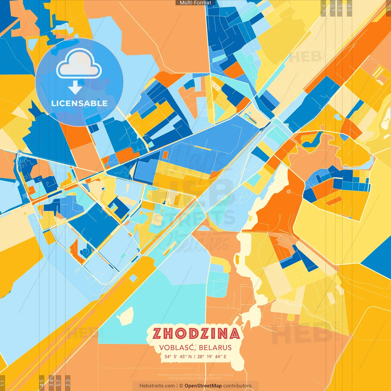 Zhodzina, Voblasć, Belarus blue and orange vector art map template