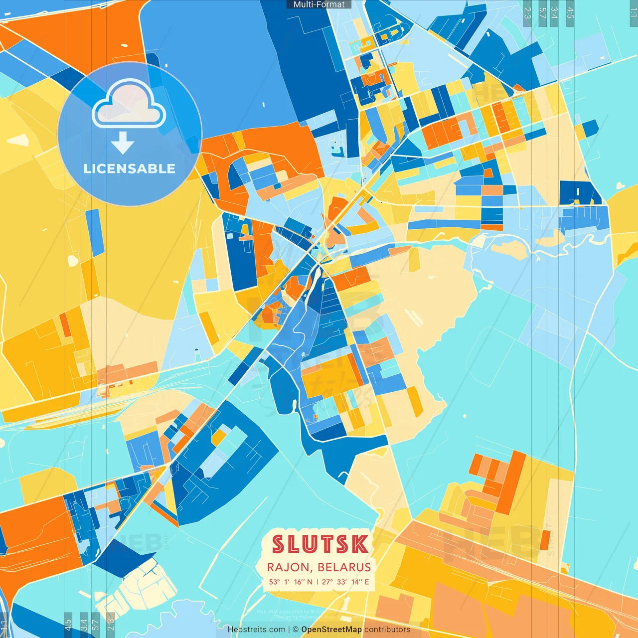 Slutsk, Rajon, Belarus blue and orange vector art map template