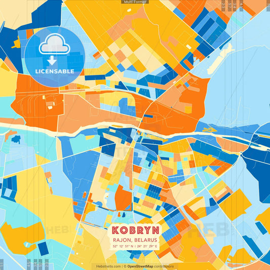 Kobryn, Rajon, Belarus blue and orange vector art map template