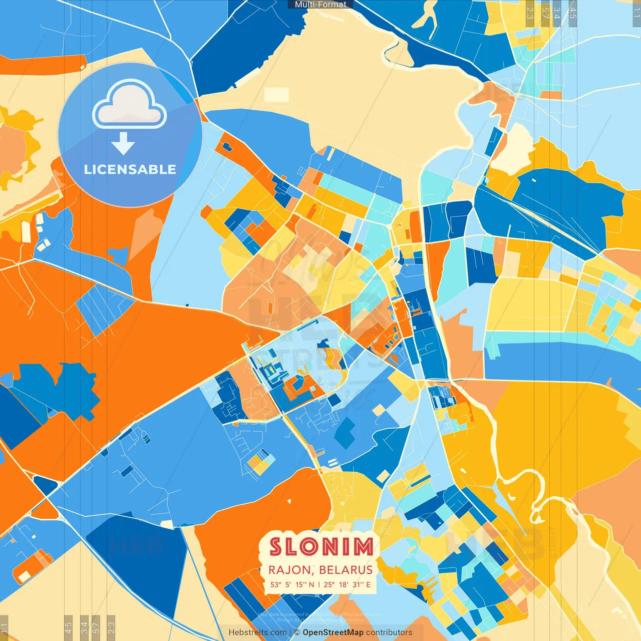 Slonim, Rajon, Belarus blue and orange vector art map template