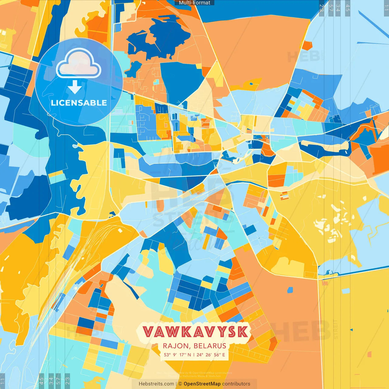 Vawkavysk, Rajon, Belarus blue and orange vector art map template