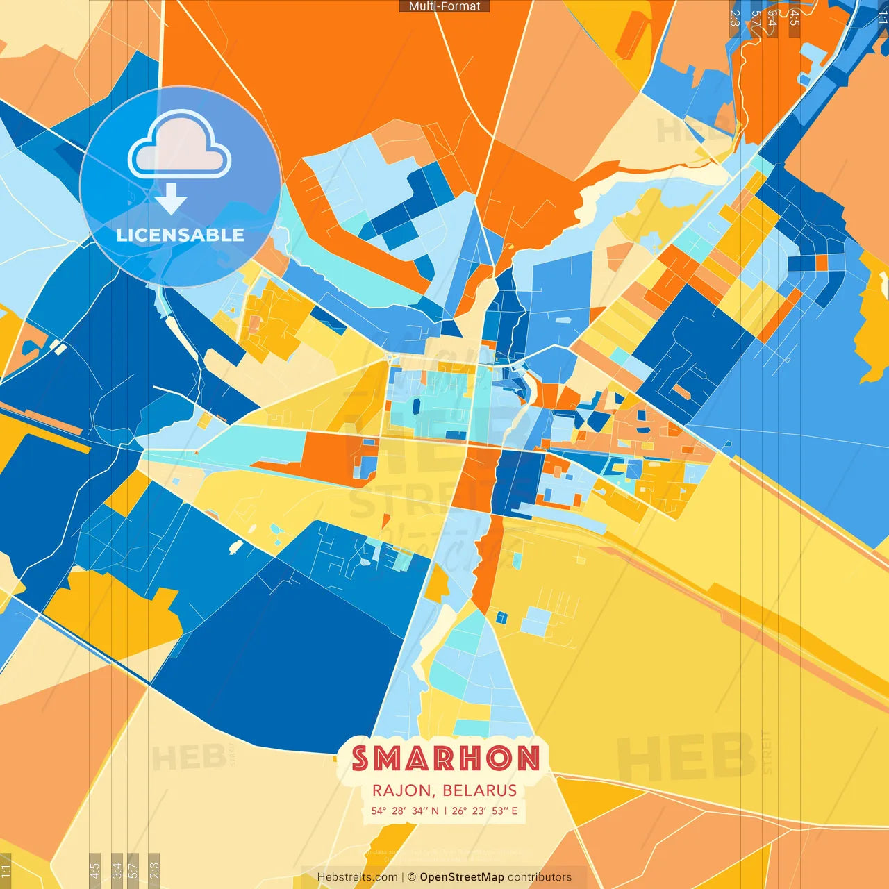 Smarhon, Rajon, Belarus blue and orange vector art map template