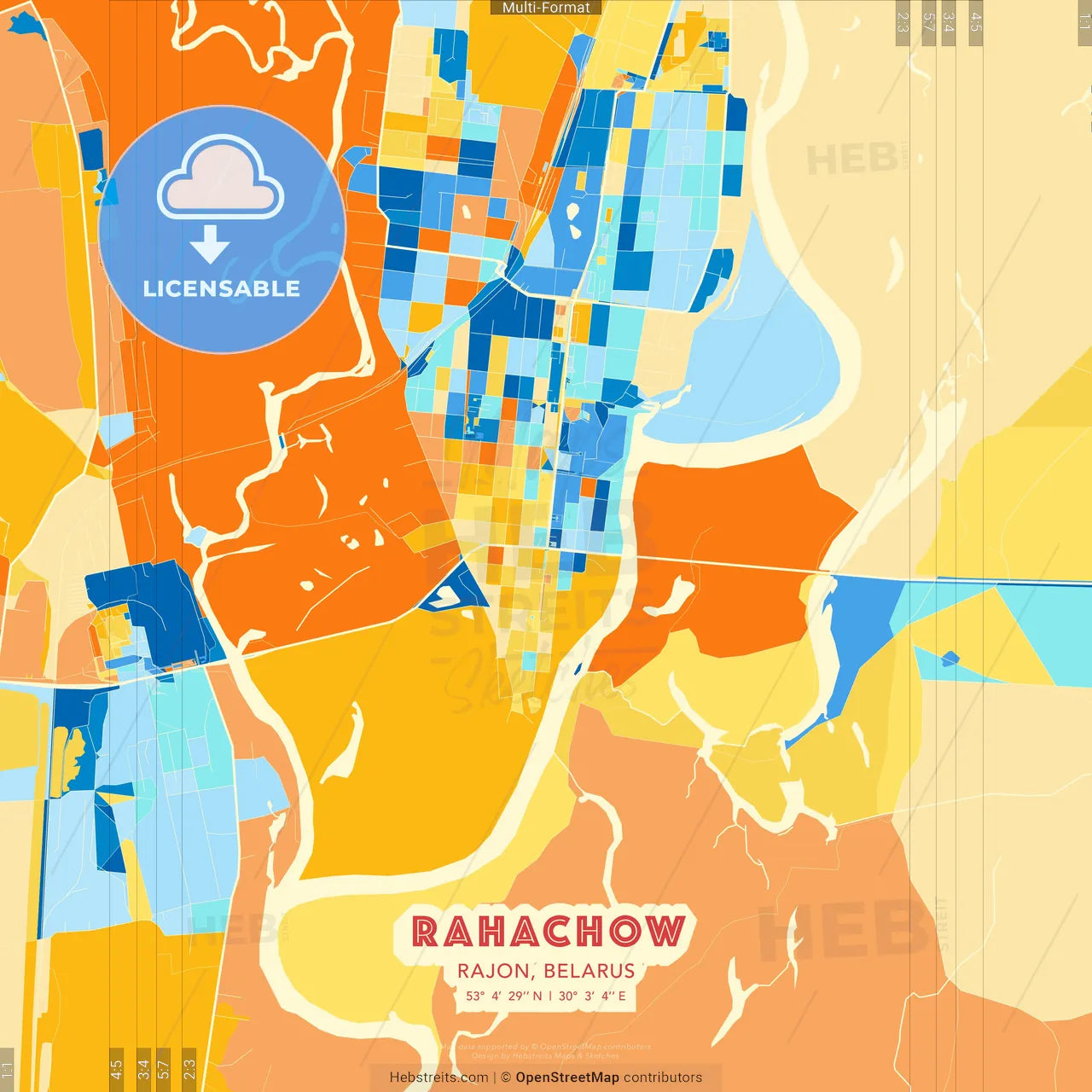 Rahachow, Rajon, Belarus blue and orange vector art map template