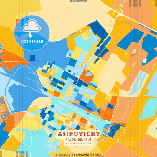 Asipovichy, Rajon, Belarus blue and orange vector art map template