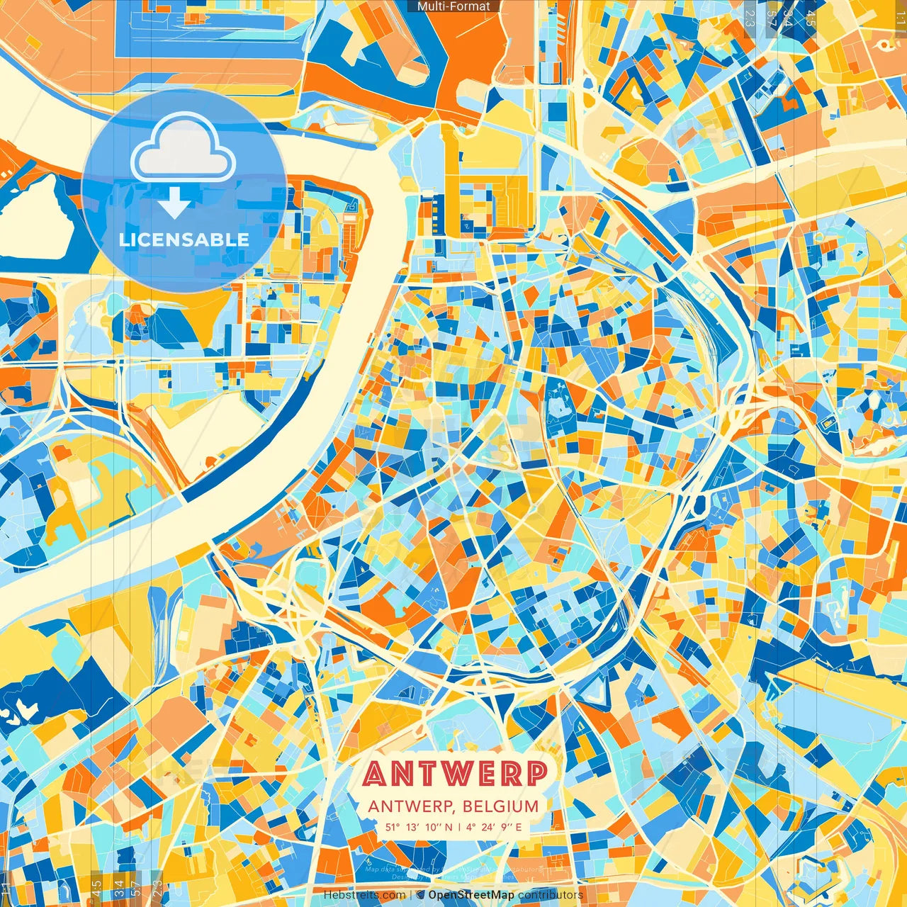 Antwerp, Antwerp, Belgium blue and orange vector art map template
