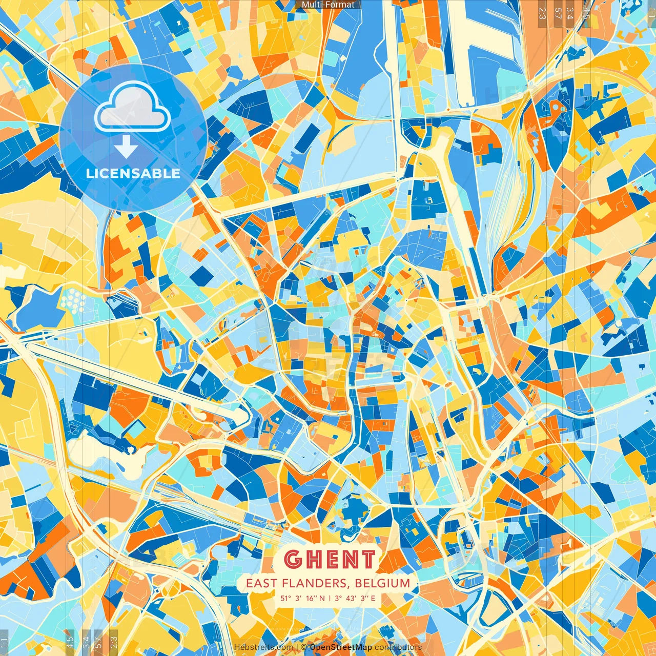 Ghent, East Flanders, Belgium blue and orange vector art map template