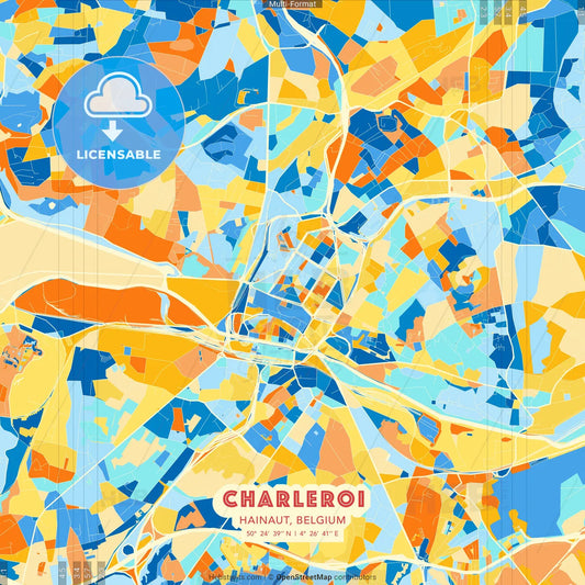 Charleroi, Hainaut, Belgium blue and orange vector art map template