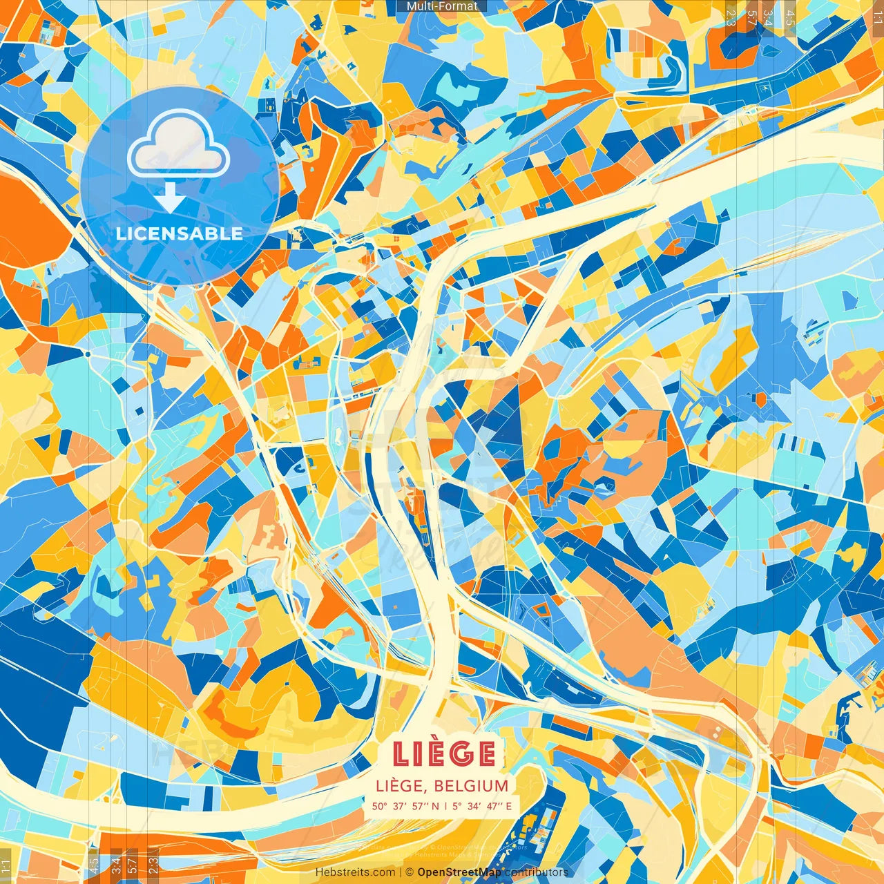 Liège, Liège, Belgium blue and orange vector art map template
