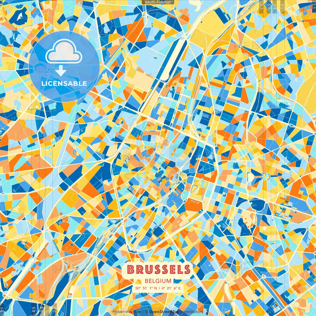 Brussels, Belgium blue and orange vector art map template