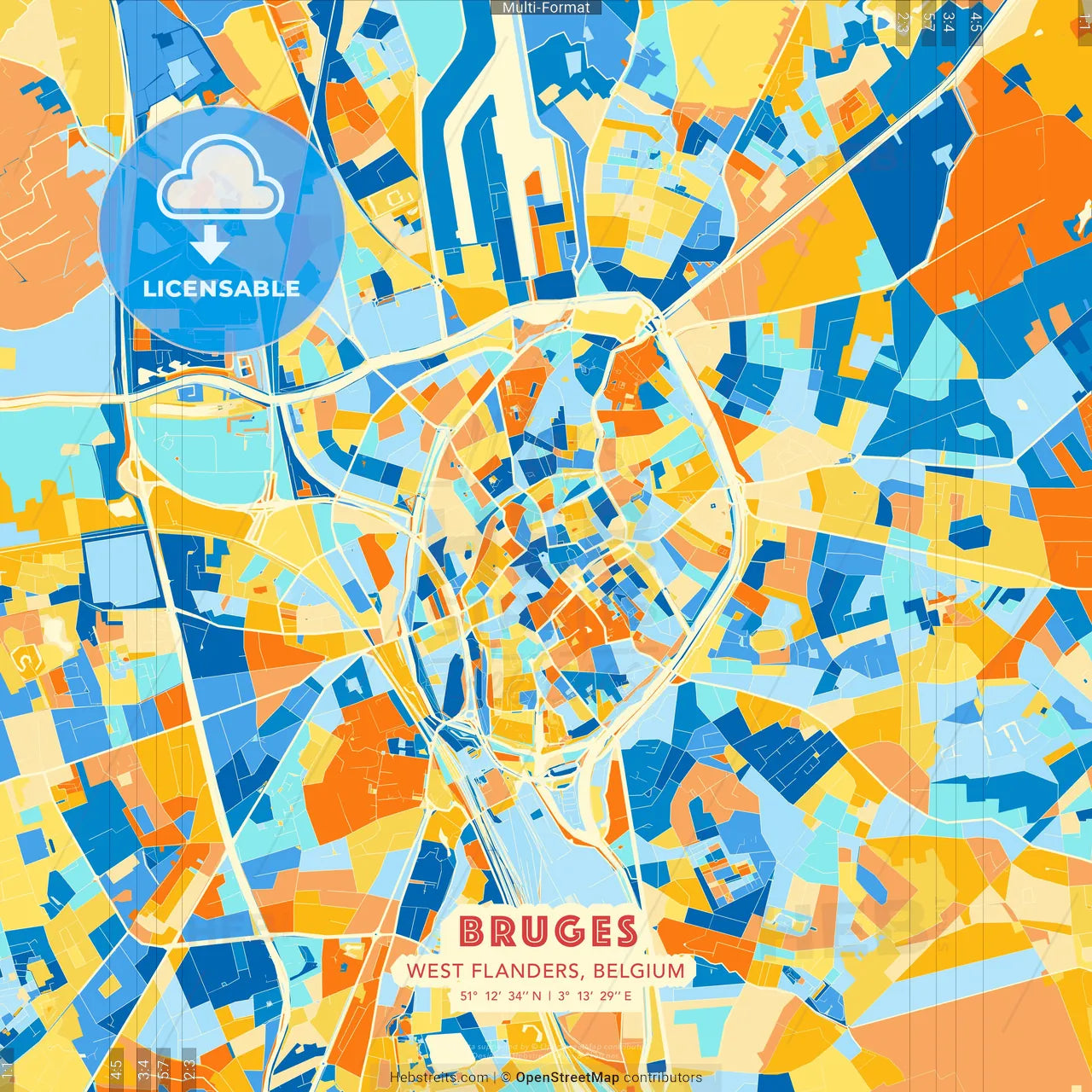 Bruges, West Flanders, Belgium blue and orange vector art map template