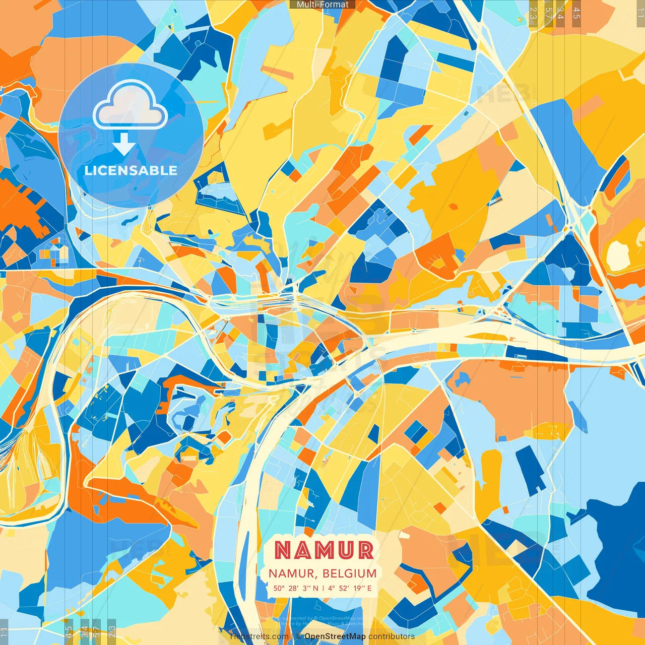 Namur, Namur, Belgium blue and orange vector art map template