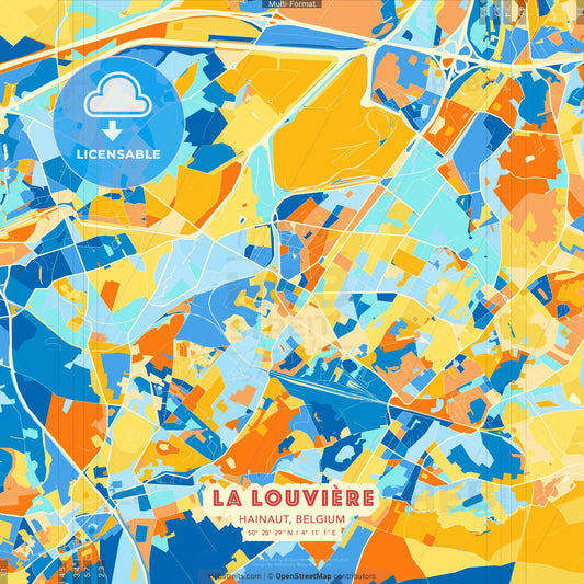 La Louvière, Hainaut, Belgium blue and orange vector art map template