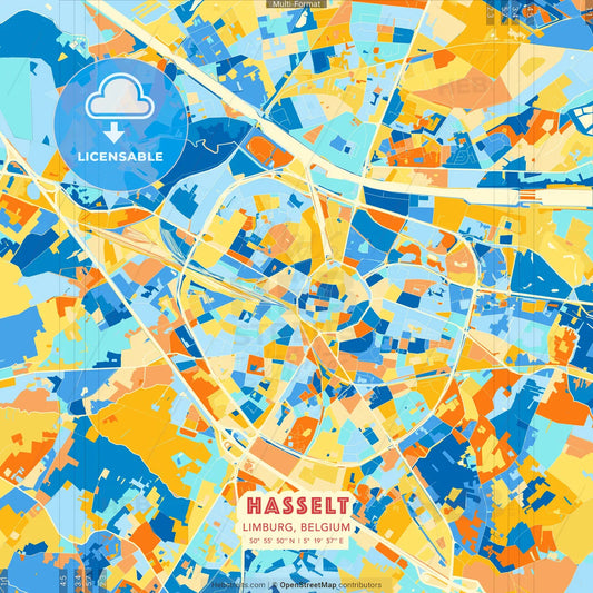 Hasselt, Limburg, Belgium blue and orange vector art map template